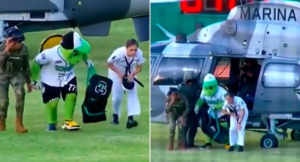 VIDEO: Mascota de los Olmecas de Tabasco llega al estadio en helicóptero de la marina